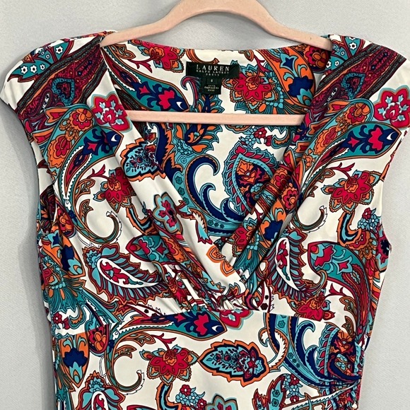Lauren Ralph Lauren Paisley Sheath Dress Women Sz 6 Cap Sleeve Ruched Feminine - Picture 13 of 16